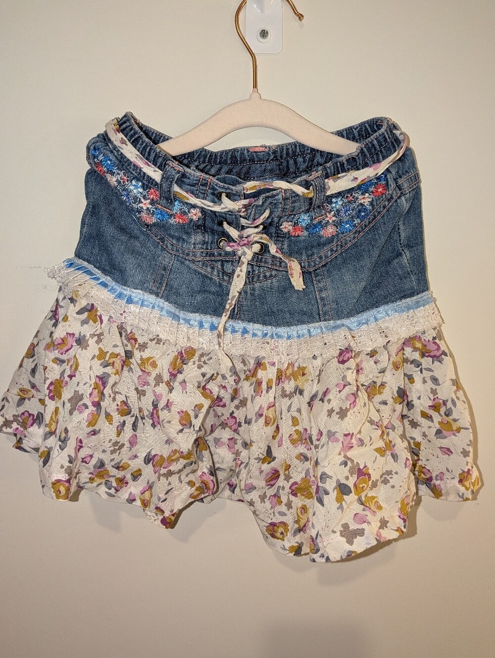 Denim & Floral Boho Mini Skirt - Blue and Cream